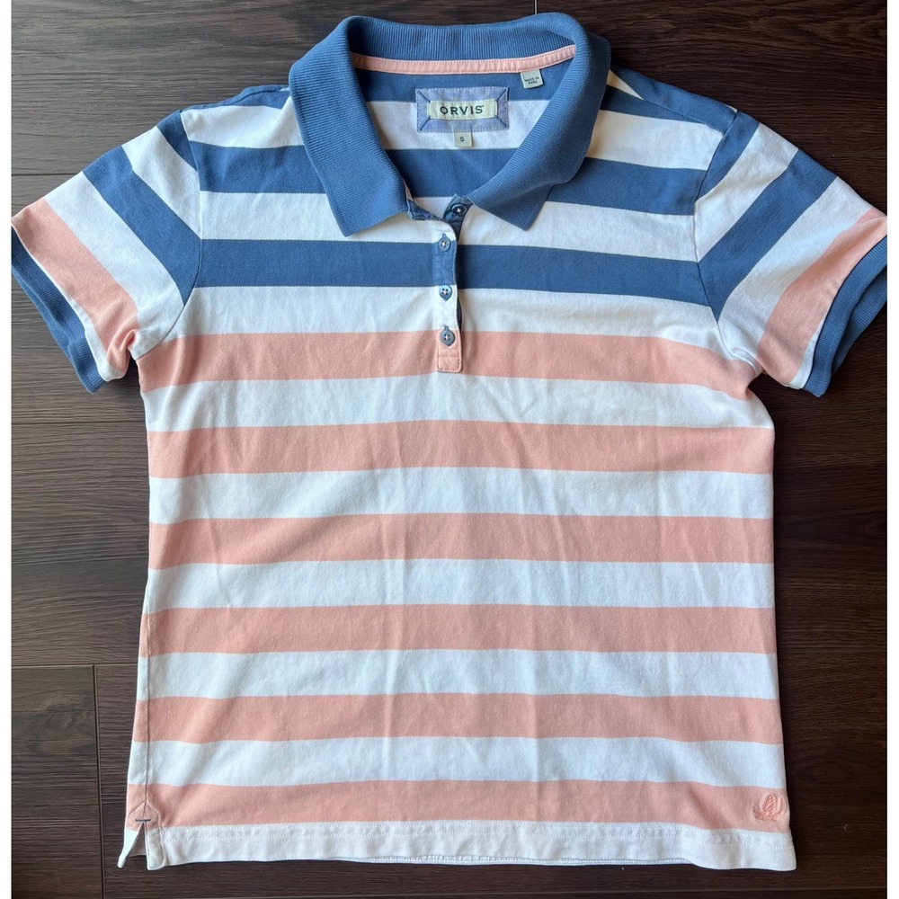 Orvis Womens Short Sleeve Striped Polo Shirt Blue Peach White Size S